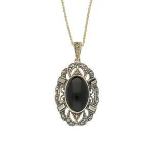 Whitby Jet Necklace Oval Lace Marcasite 9ct Yellow Gold