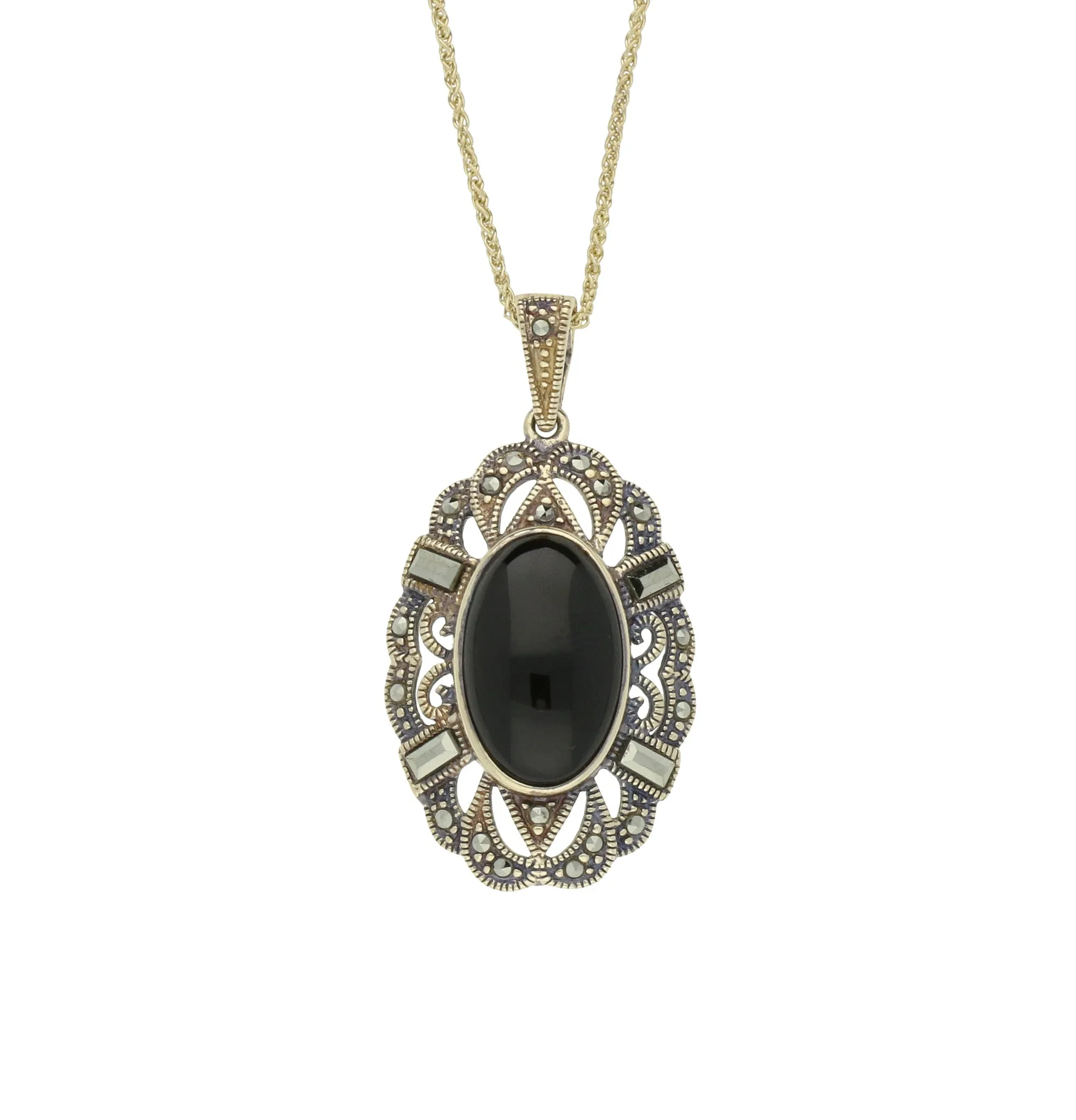 Whitby Jet Necklace Oval Lace Marcasite 9ct Yellow Gold