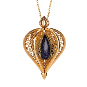 Yellow Gold Plated Sterling Silver Blue Goldstone Flore Filigree Droplet Necklace