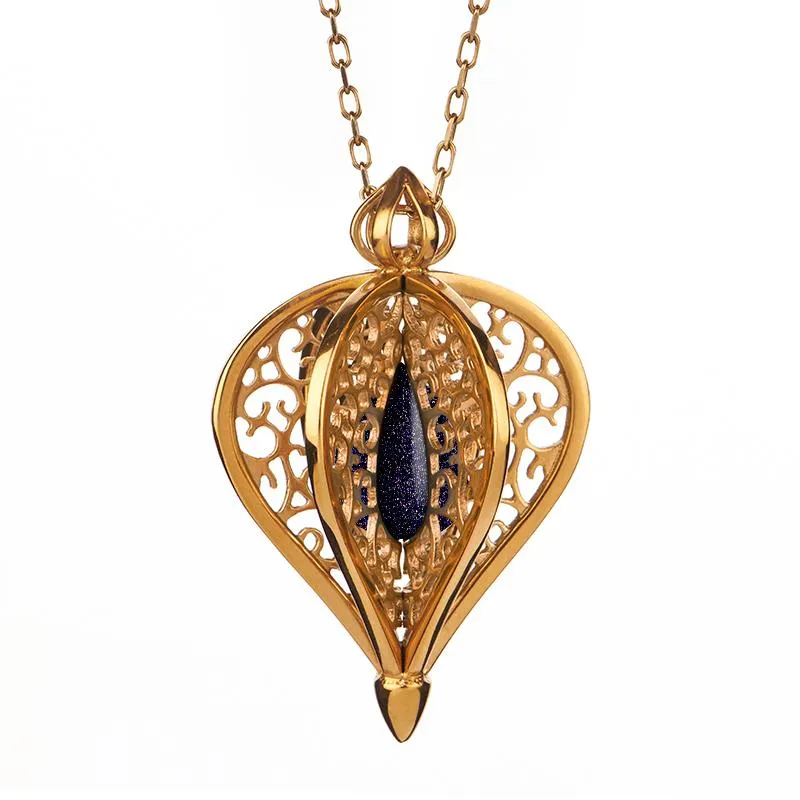 Yellow Gold Plated Sterling Silver Blue Goldstone Flore Filigree Small Necklace