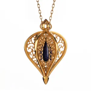 Yellow Gold Plated Sterling Silver Blue Goldstone Flore Filigree Small Necklace