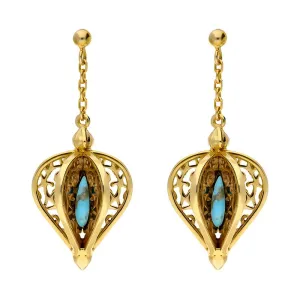 Yellow Gold Plated Sterling Silver Turquoise Flore Filigree Drop Earrings
