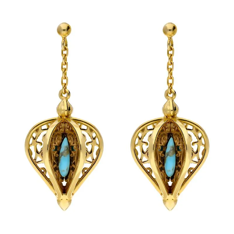 Yellow Gold Plated Sterling Silver Turquoise Flore Filigree Drop Earrings