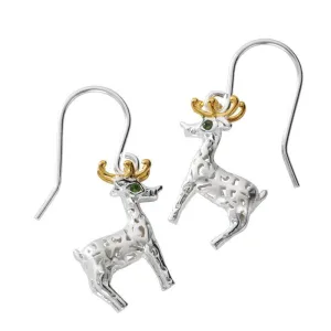 Yellow Gold Sterling Silver Plated Green CZ Reindeer Drop Earrings