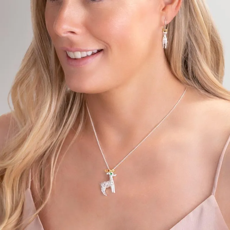 Yellow Gold Sterling Silver Plated Green CZ Reindeer Drop Earrings