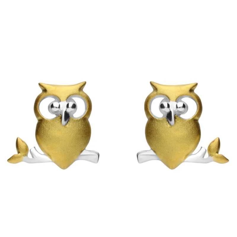 Yellow Gold Sterling Silver Plated Owl on a Branch Stud Earrings