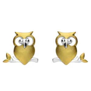 Yellow Gold Sterling Silver Plated Owl on a Branch Stud Earrings