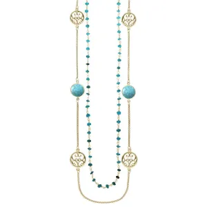 Yellow Gold Turquoise Flore Filigree Double Row Necklace