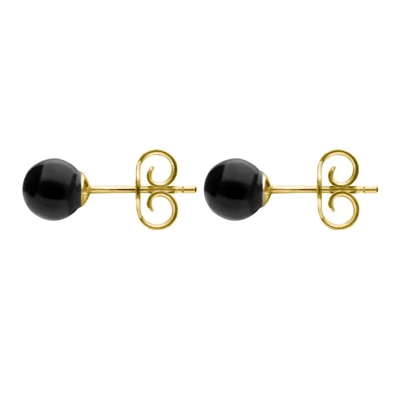 Yellow Gold Whitby Jet 5mm Ball Stud Earrings
