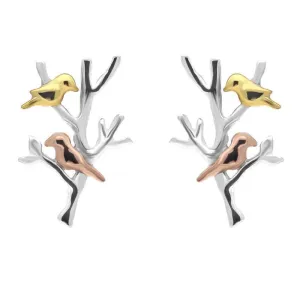 Yellow Rose Gold Sterling Silver Plated Partridge in a Pear Tree Stud Earrings