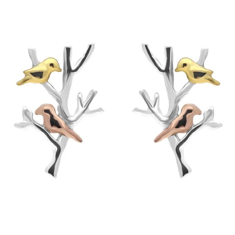 Yellow Rose Gold Sterling Silver Plated Partridge in a Pear Tree Stud Earrings