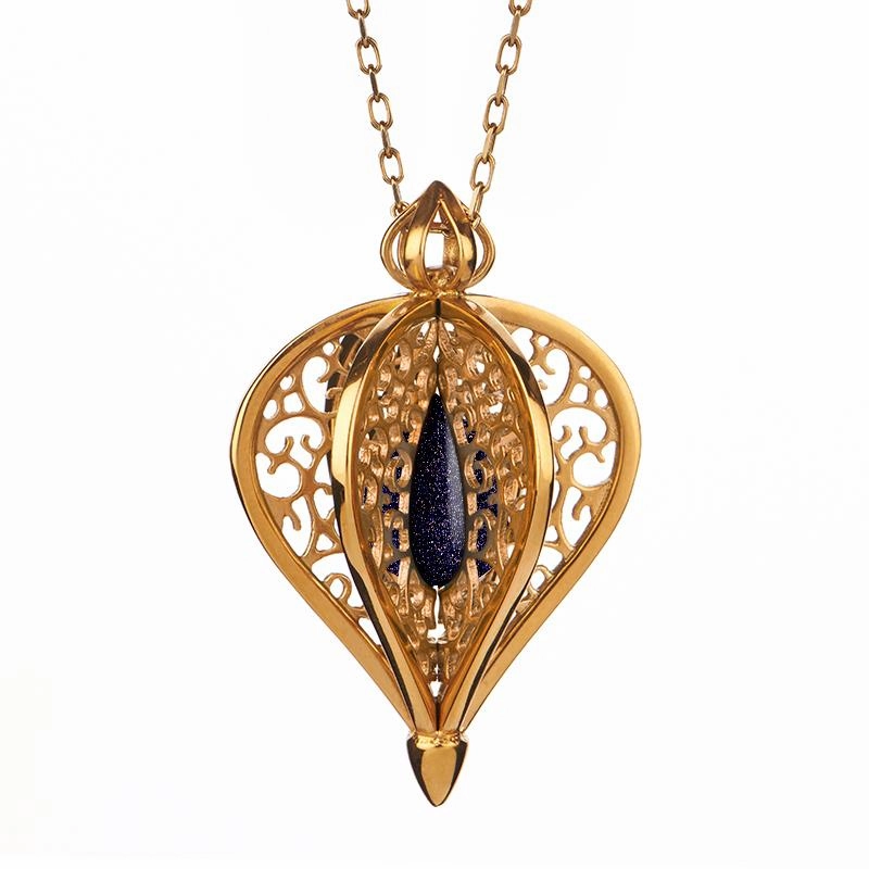 Yellow Gold Plated Sterling Silver Blue Goldstone Flore Filigree Small Necklace