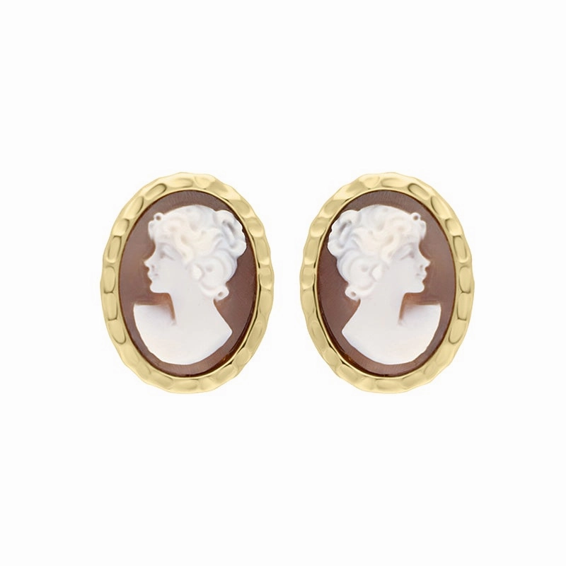 Yellow Gold Plated Sterling Silver Cameo Oval Lady Stud Earrings D