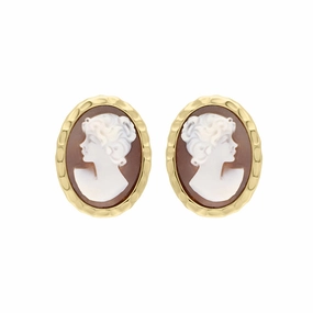 Yellow Gold Plated Sterling Silver Cameo Oval Lady Stud Earrings D