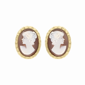 Yellow Gold Plated Sterling Silver Cameo Oval Lady Stud Earrings D