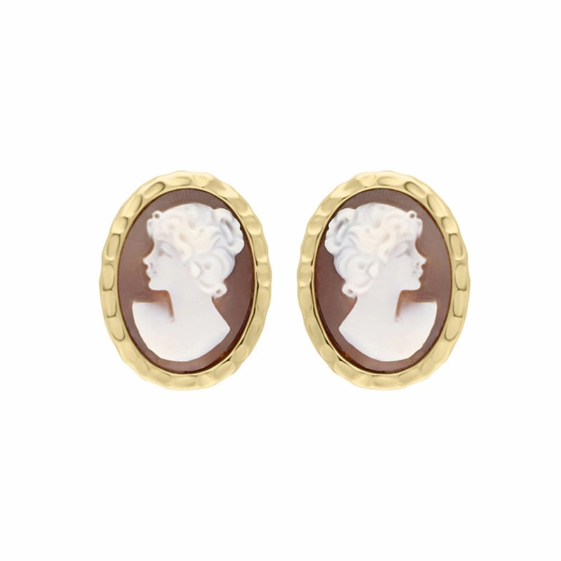 Yellow Gold Plated Sterling Silver Cameo Oval Lady Stud Earrings D