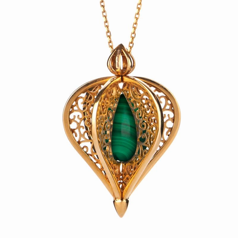 Yellow Gold Plated Sterling Silver Malachite Flore Filigree Droplet Necklace