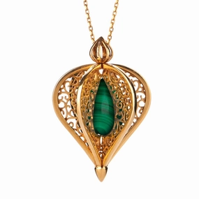 Yellow Gold Plated Sterling Silver Malachite Flore Filigree Droplet Necklace